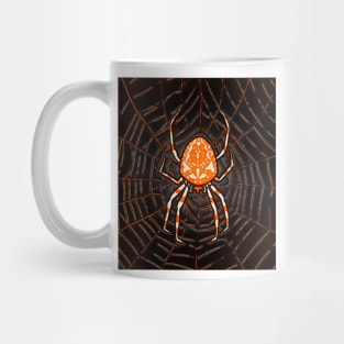 Pumpkin colored spider in black spider house on halloween Mug